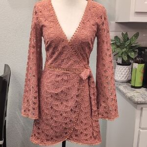 Here Comes The Sun Chic Floral Lace Wrap Dress in Dusty Pink